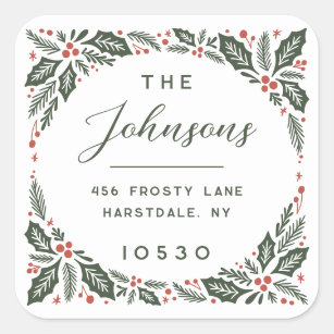 Evergreen Red Holly Berry Holiday Return Address Square Sticker