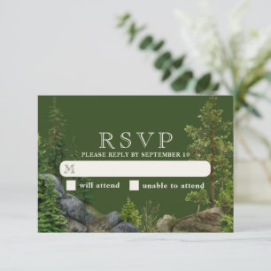 Evergreen Rocky Forest Rustic Nature Wedding RSVP Card