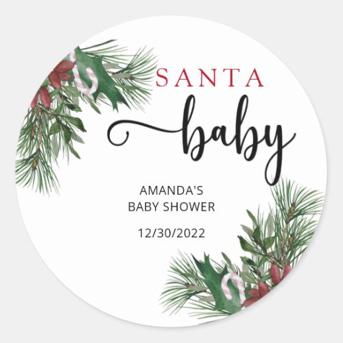 Evergreen Santa baby shower Classic Round Sticker