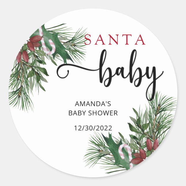 Evergreen Santa baby shower Classic Round Sticker (Front)