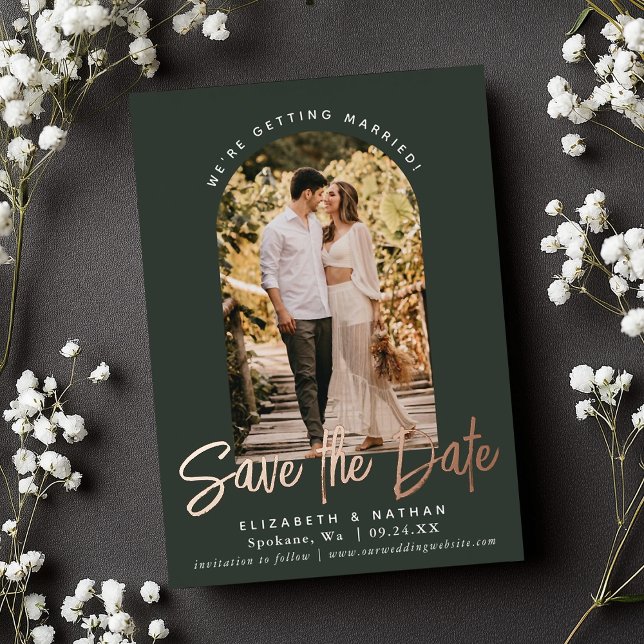  Evergreen Save the Date Stylish Script Photo Foil Foil Invitation (Creator Uploaded)