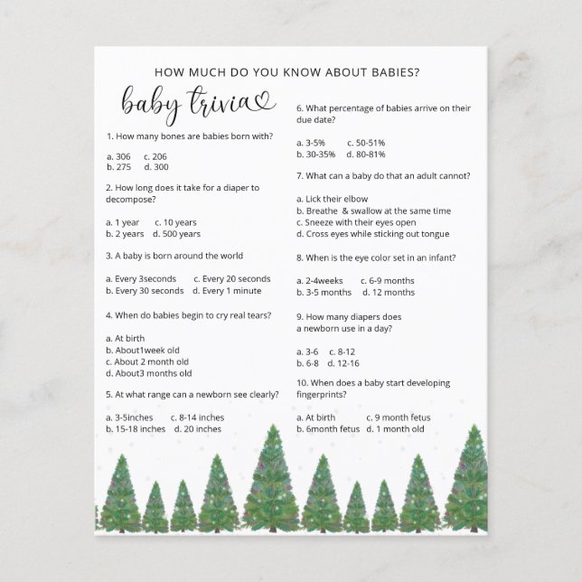 Evergreen Snow Baby Trivia | Baby Shower Game (Front)