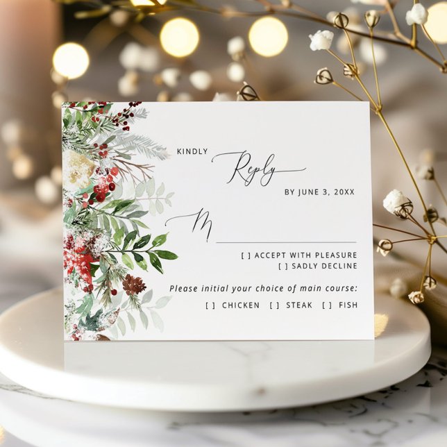 Evergreen snow winter wedding meal choice RSVP Card (Creator Uploaded)
