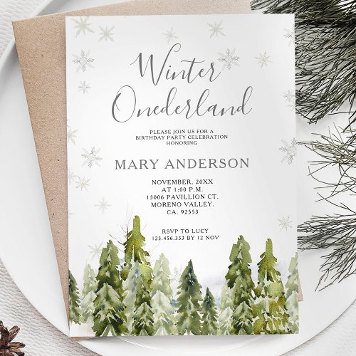 Evergreen Snowy Winter Onederland 1st Birthday Invitation