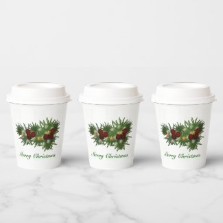 Evergreen Spray with Red Berries, Merry Christmas Paper Cups