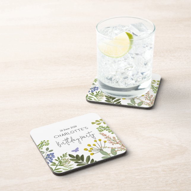 Evergreen Summer Garden Birthday Party  Beverage Coaster (Right Side)