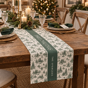 Evergreen Toile Family Merry Christmas Short Table Runner
