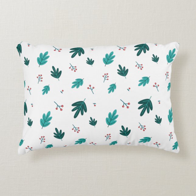 Evergreen Tree Leaves & Red Holly Berries Accent Pillow (Front)