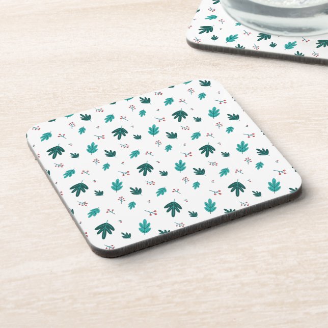 Evergreen Tree Leaves & Red Holly Berries Beverage Coaster (Left Side)