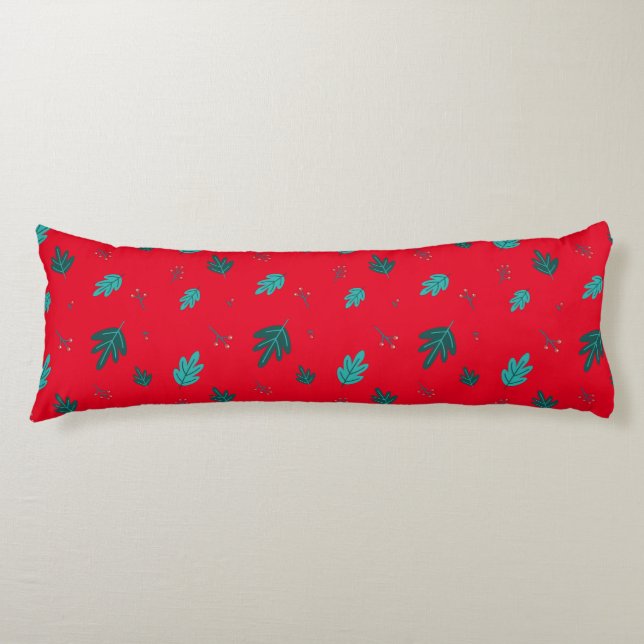 Evergreen Tree Leaves & Red Holly Berries Body Pillow (Front)