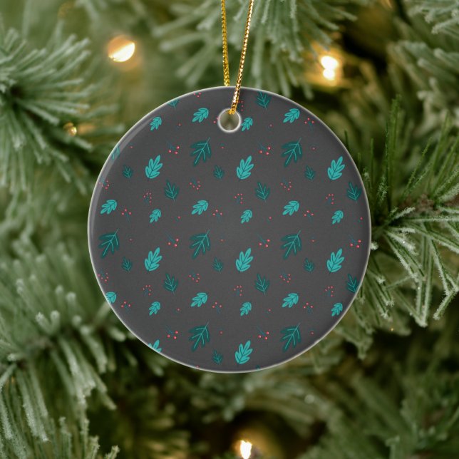 Evergreen Tree Leaves & Red Holly Berries Ceramic Ornament (Tree)