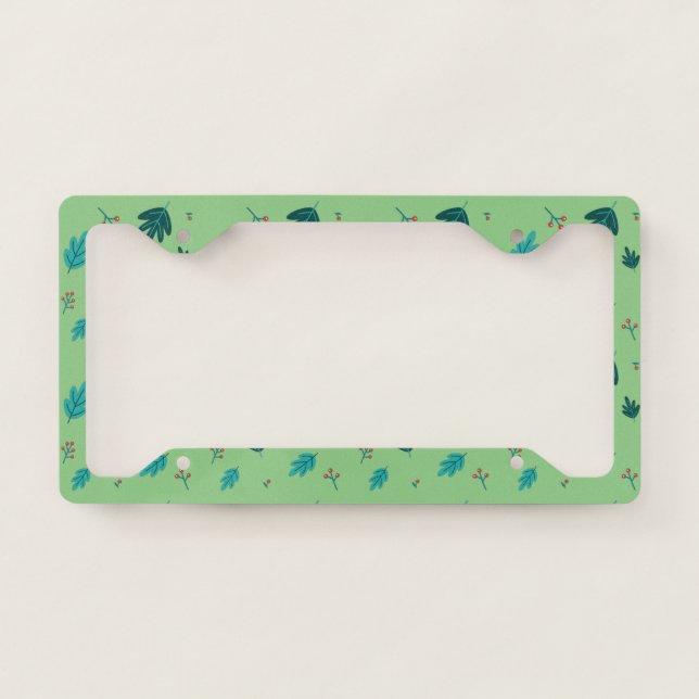 Evergreen Tree Leaves & Red Holly Berries License Plate Frame (Front)