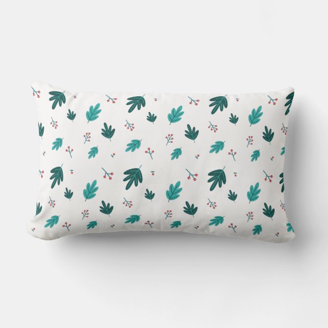 Evergreen Tree Leaves & Red Holly Berries Lumbar Pillow (Front)
