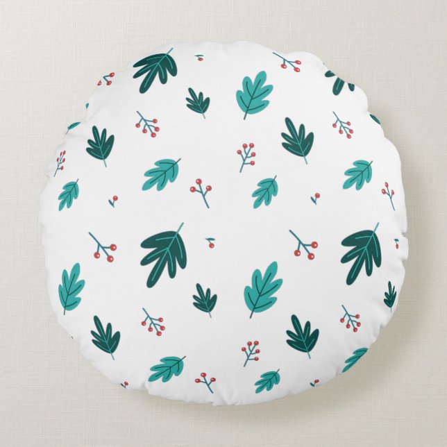Evergreen Tree Leaves & Red Holly Berries Round Pillow (Front)