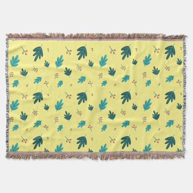 Evergreen Tree Leaves & Red Holly Berries Throw Blanket (Front)