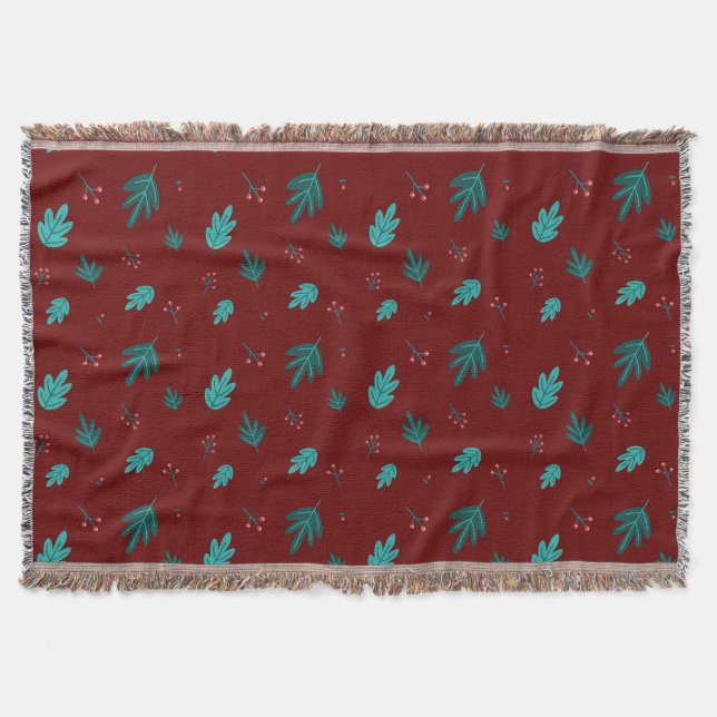 Evergreen Tree Leaves & Red Holly Berries Throw Blanket (Front)