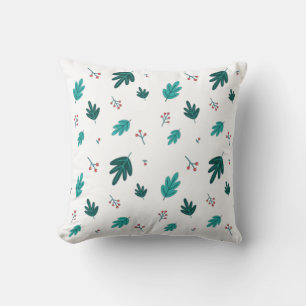 Evergreen Tree Leaves & Red Holly Berries Throw Pillow