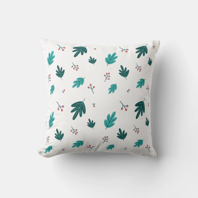 Evergreen Tree Leaves & Red Holly Berries Throw Pillow (Front)