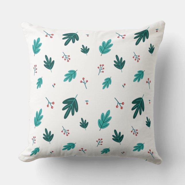 Evergreen Tree Leaves & Red Holly Berries Throw Pillow (Front)