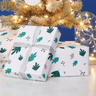 Evergreen Tree Leaves & Red Holly Berries Wrapping Paper