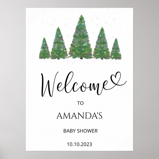 Evergreen trees baby shower welcome poster (Front)