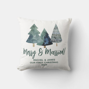 Evergreen Trees First Christmas Merry & Married Throw Pillow