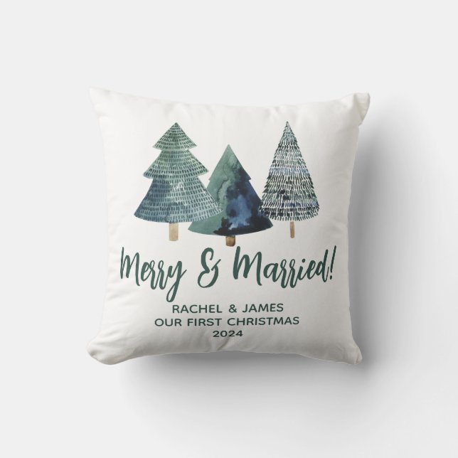 Evergreen Trees First Christmas Merry & Married Throw Pillow (Front)