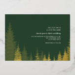 Evergreen Trees Golden Rustic Wedding Foil Invitation<br><div class="desc">Gold evergreen trees at left with white text and emerald green background.</div>