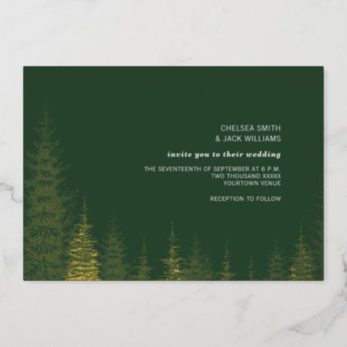 Evergreen Trees Golden Rustic Wedding Foil Invitation