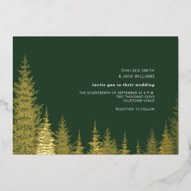 Evergreen Trees Golden Rustic Wedding Foil Invitation (Front)