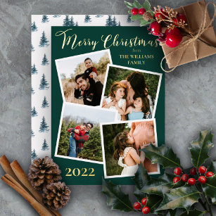 Evergreen Trees Merry Christmas 4 Photo Dk Green F Foil Holiday Card
