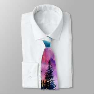 Evergreen Trees Silhouette pink sky Neck Tie