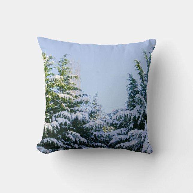 Evergreen trees, snow, pretty winter nature scene throw pillow (Front)