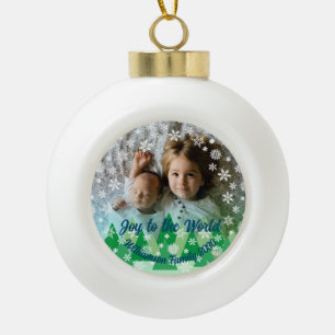 Evergreen Trees White Snowflakes Joy to the World Ceramic Ball Christmas Ornament