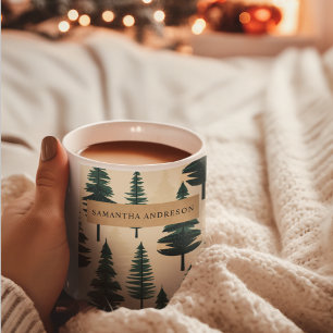 Evergreen Vintage Pine in Dark Green and Beige Coffee Mug