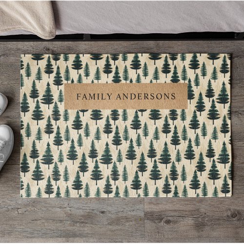 Evergreen Vintage Pine in Dark Green and Beige  Doormat
