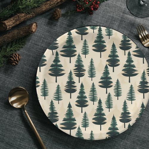 Evergreen Vintage Pine in Dark Green and Beige  Paper Plates