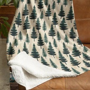 Evergreen Vintage Pine in Dark Green and Beige Sherpa Blanket