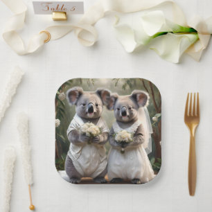 "Evergreen Vows: A Koala Wedding in White" Paper Plates