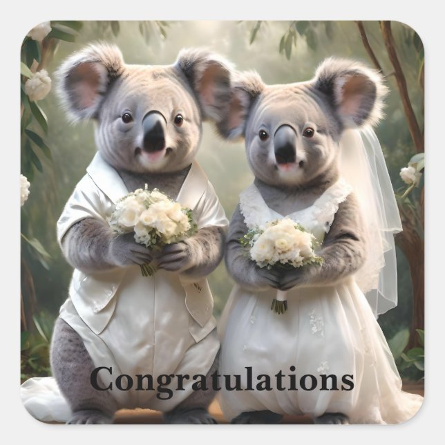"Evergreen Vows: A Koala Wedding in White" Square Sticker (Front)