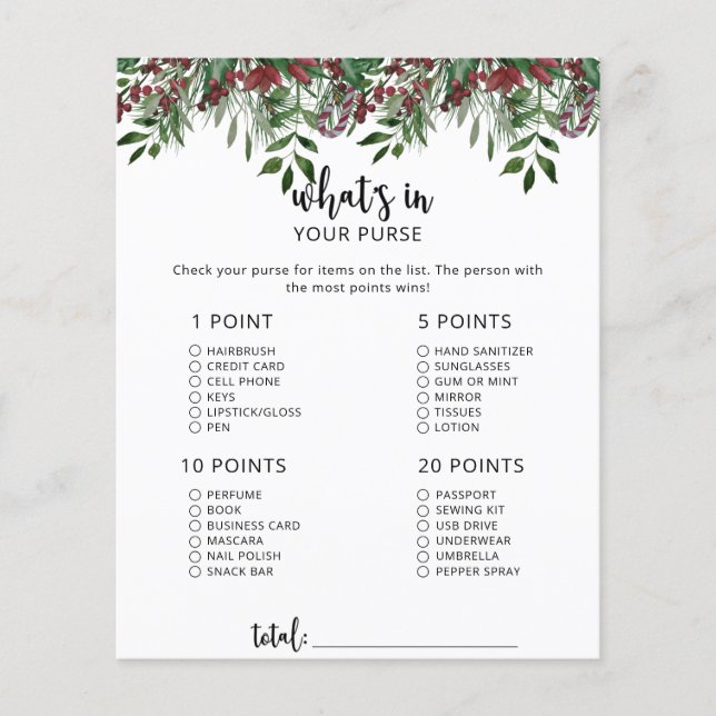 Evergreen Whats in your purse game (Front)