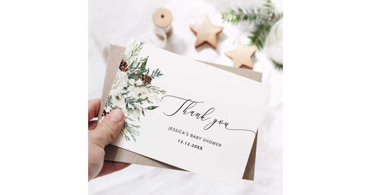 Evergreen winter elegant baby shower thank you card | Zazzle
