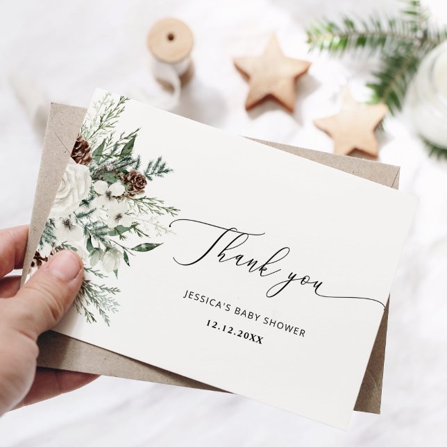 Evergreen winter elegant baby shower thank you card (Creator Uploaded)