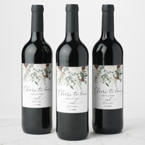 Evergreen winter elegant Cheers to Love wedding Wine Label