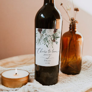 Evergreen winter elegant Cheers to Love wedding Wine Label