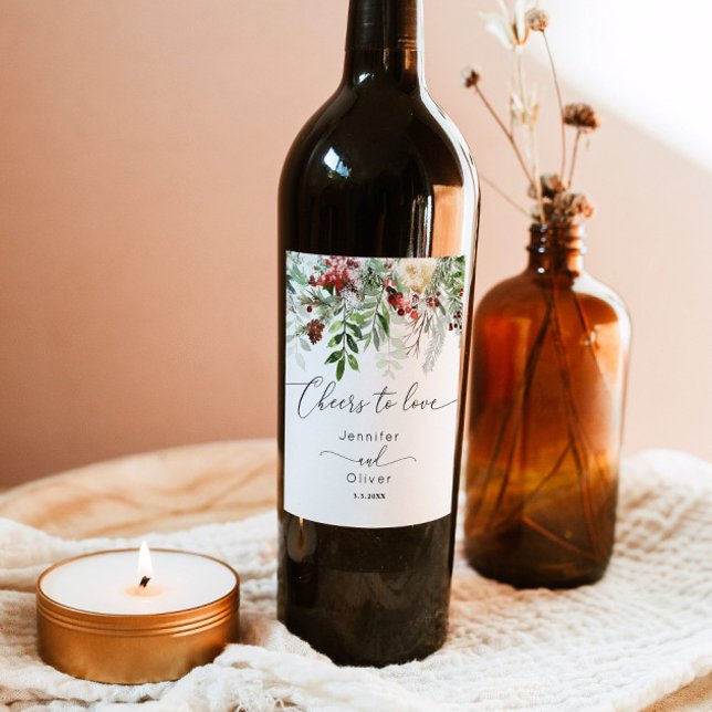 Evergreen winter elegant Cheers to Love wedding Wine Label (Creator Uploaded)