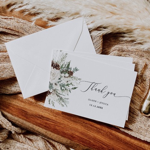 Evergreen winter elegant wedding thank you card