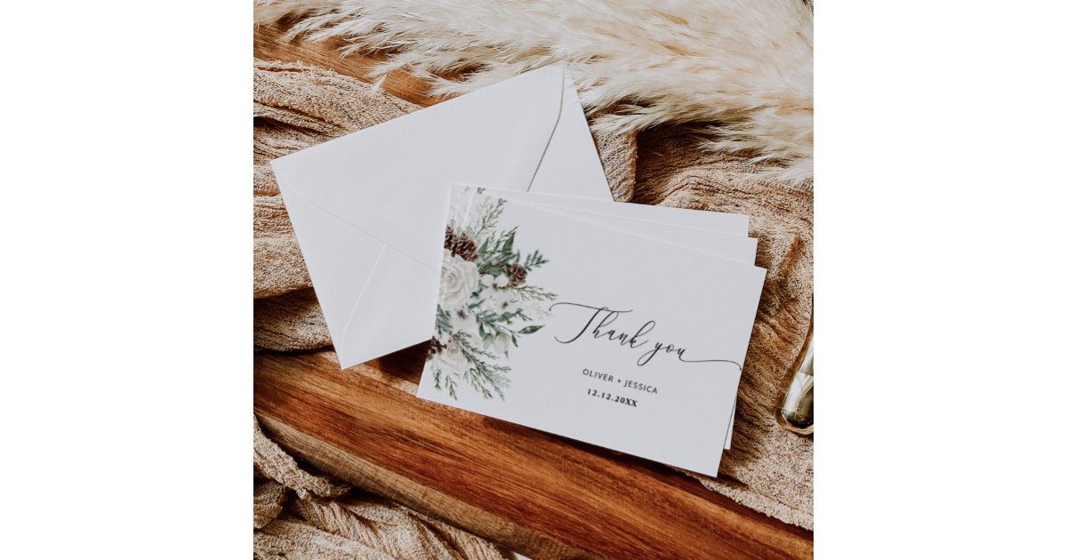 Evergreen winter elegant wedding thank you card | Zazzle