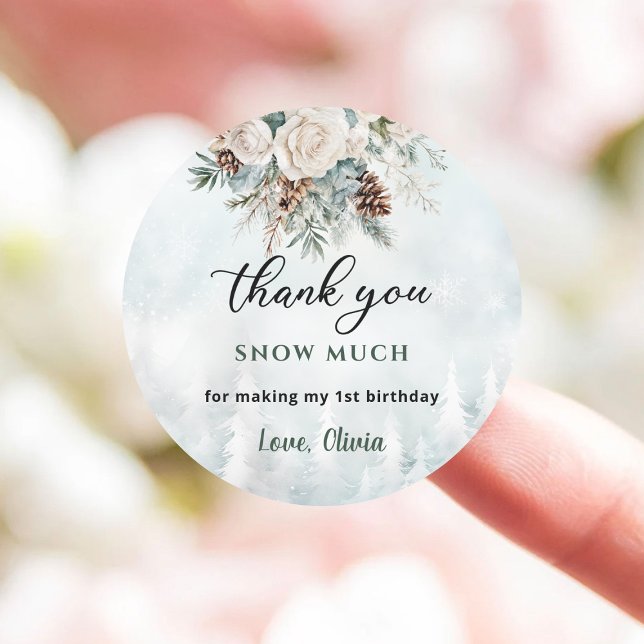 Evergreen Winter First Birthday Thank You Classic Round Sticker (Creator Uploaded)