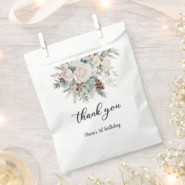 Evergreen Winter First Birthday Thank You Favor Bag (Clipped)